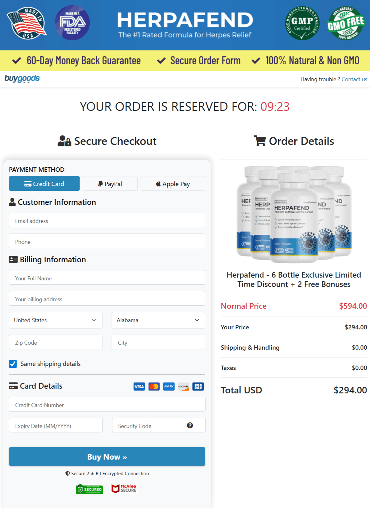 Herpafend Checkout page